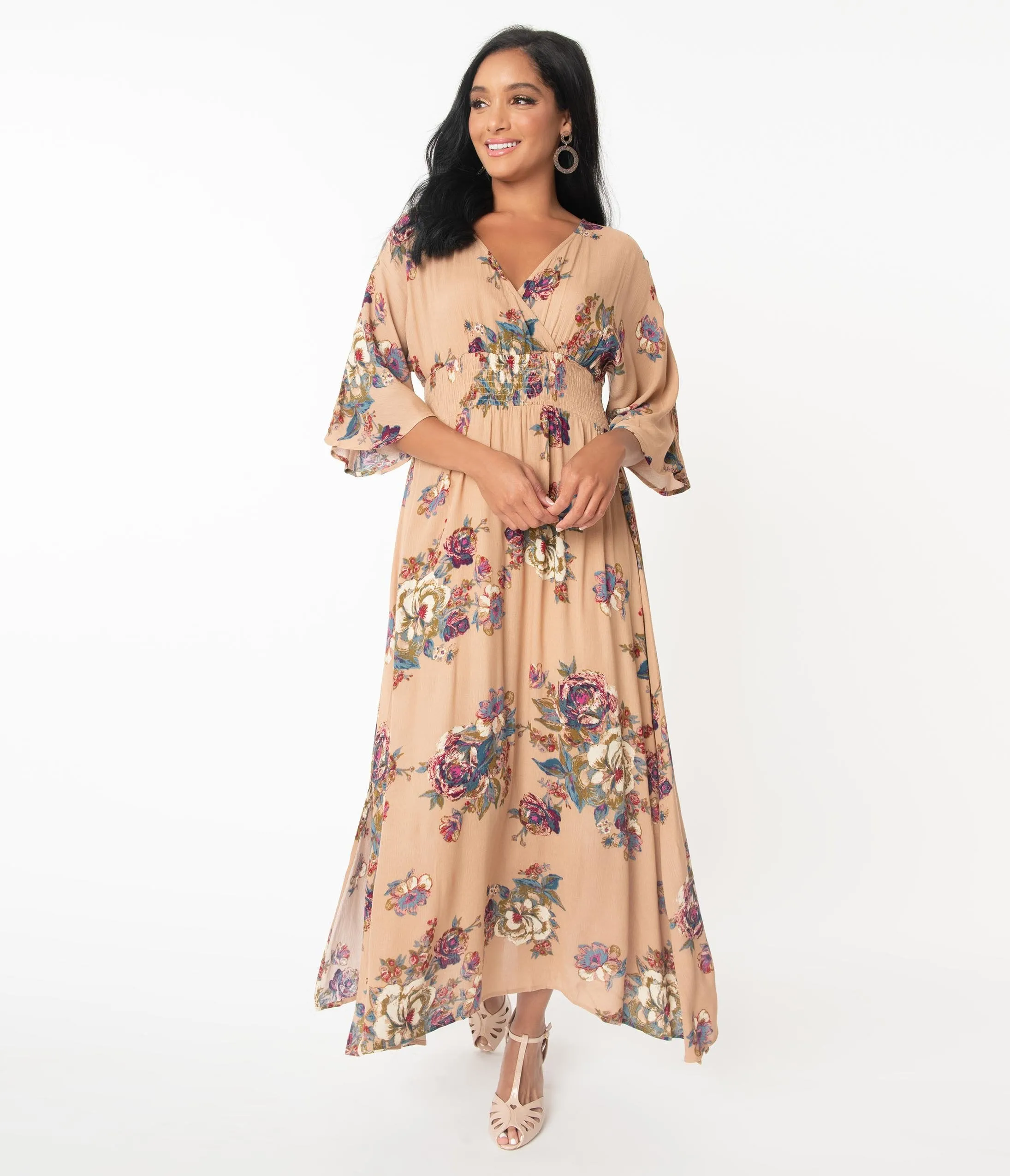 1970s Coffee Tan & Multi Floral Print Maxi Dress