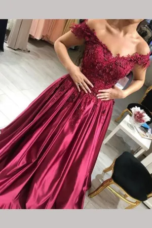 A Line Burgundy Off the Shoulder Lace Up Back Applique Satin Long Prom Dress