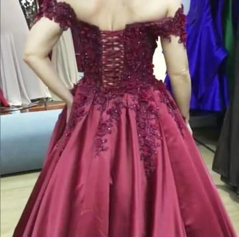 A Line Burgundy Off the Shoulder Lace Up Back Applique Satin Long Prom Dress