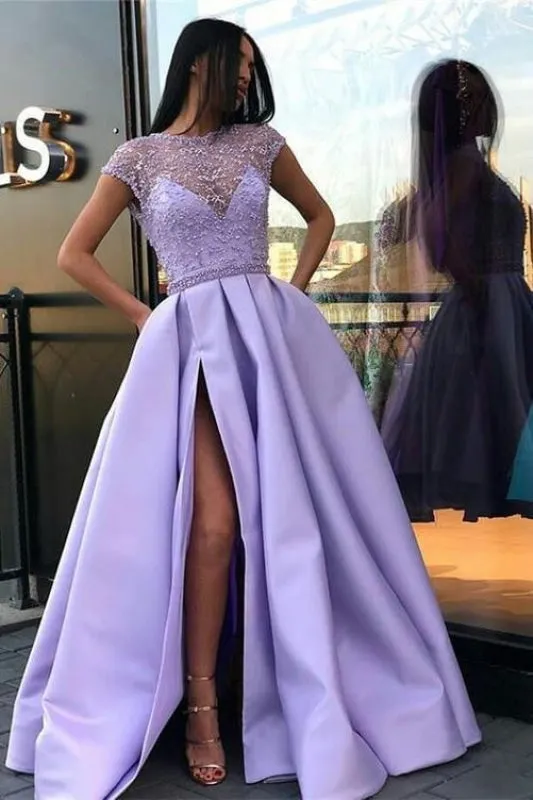 A Line Cap Sleeves Prom Dress Satin Graduation School Party Gown with Side Split