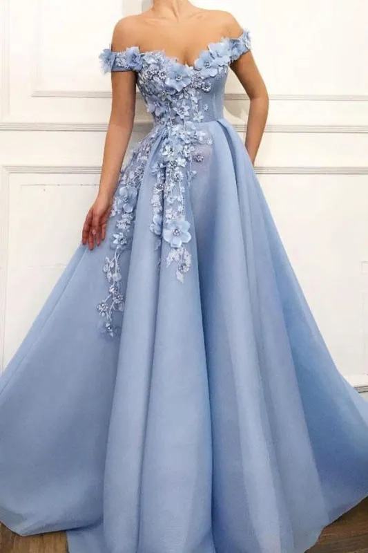 A Line Flowers Long Party Prom Dress with Appliques