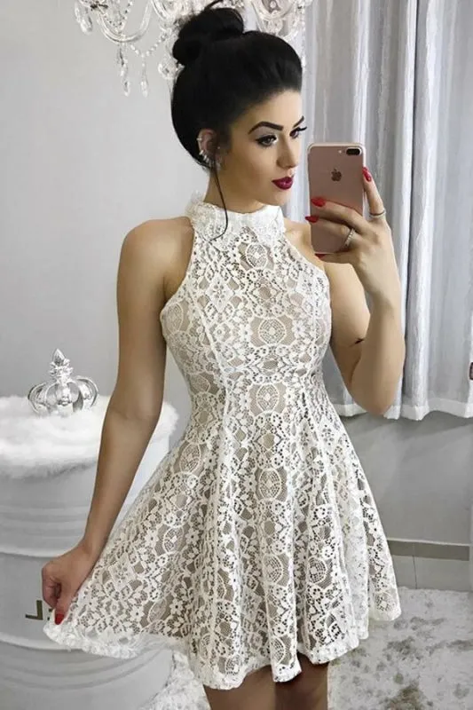 A Line High Neck Lace Homecoming Ivory Sleeveless Ruched Short Sweet 16 Dress