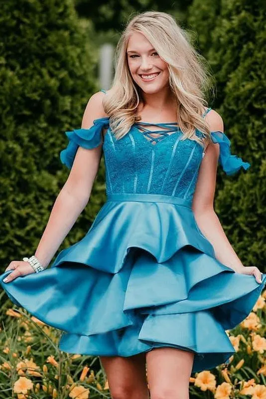 A Line Off the Shoulder Satin Homecoming Tired Mini Prom Dresses