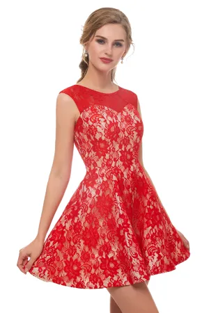 A-Line Red Lace Sleeveless Mini Homecoming Dresses