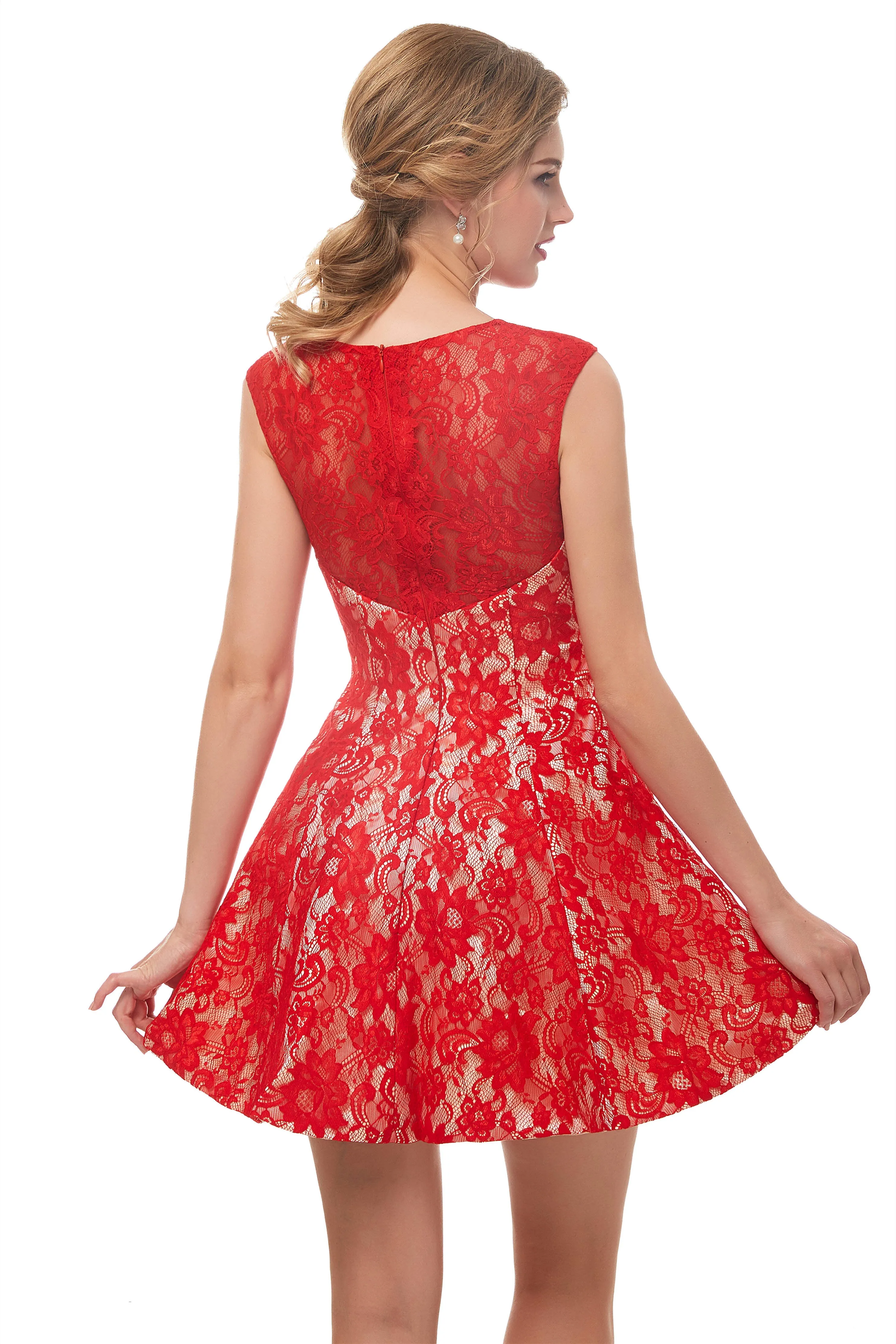 A-Line Red Lace Sleeveless Mini Homecoming Dresses