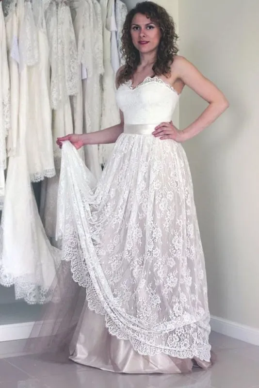 A Line Sweetheart Cheap Strapless Lace Wedding Dress