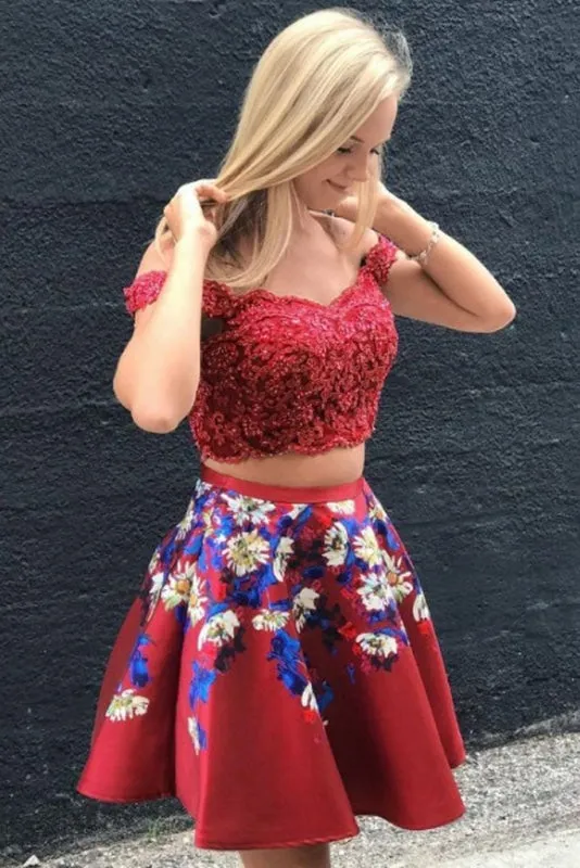 A Line Two Piece Red Off Shoulder Lace Applique Floral Short Homecoming Dresses