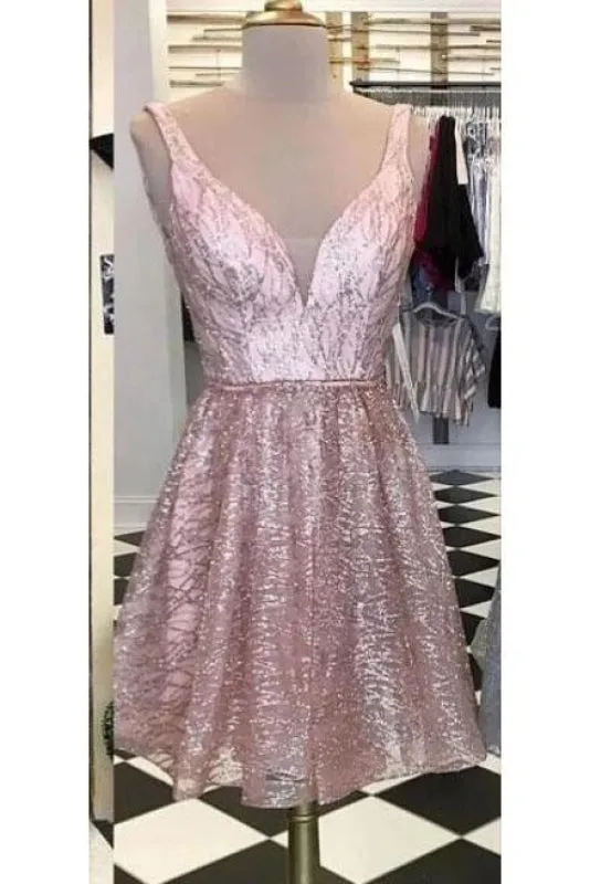 A Line V Neck Sleeveless Homecoming Unique Shiny Short Prom Dress