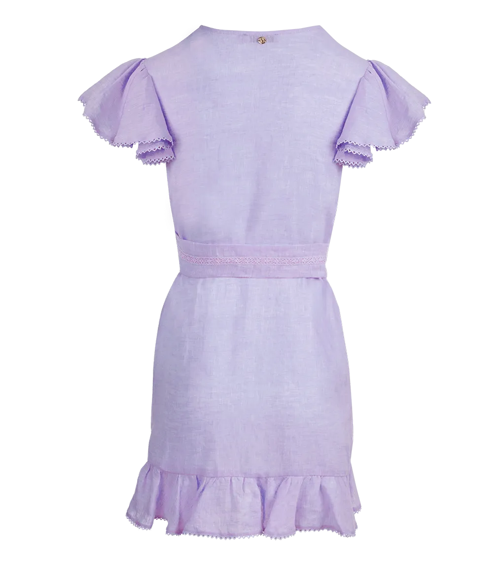 Amalia Lace Linen Mini Wrap Dress Lilac