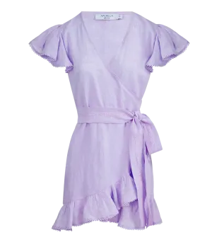 Amalia Lace Linen Mini Wrap Dress Lilac