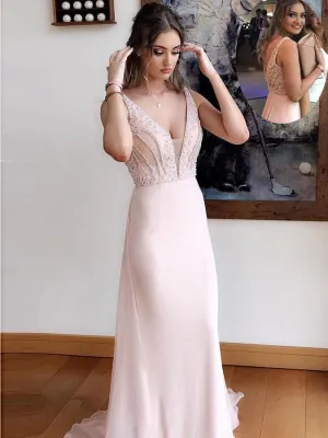 Attractive Chiffon V-neck Neckline Sheath Prom Dresses With Beadings PD206