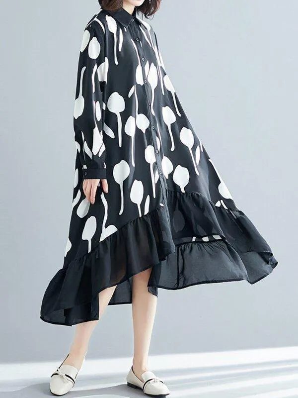 Black Printed Ruffle Shirt Midi Dress