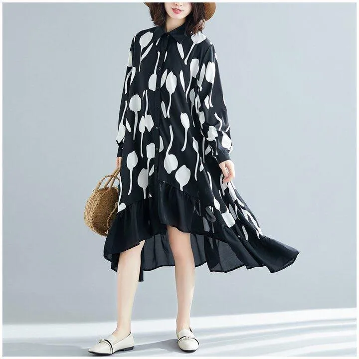 Black Printed Ruffle Shirt Midi Dress