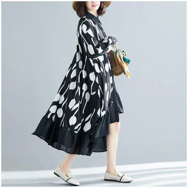 Black Printed Ruffle Shirt Midi Dress