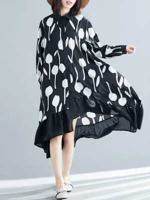 Black Printed Ruffle Shirt Midi Dress