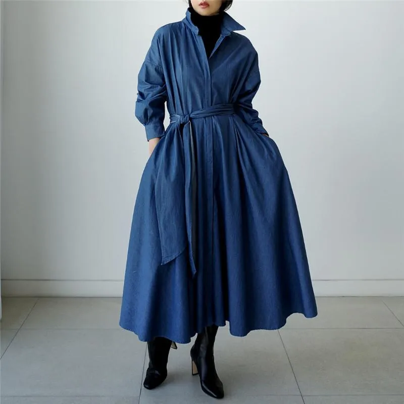 Blue Long Sleeve Loose Denim Shirts Maxi Dresses