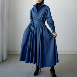 Blue Long Sleeve Loose Denim Shirts Maxi Dresses