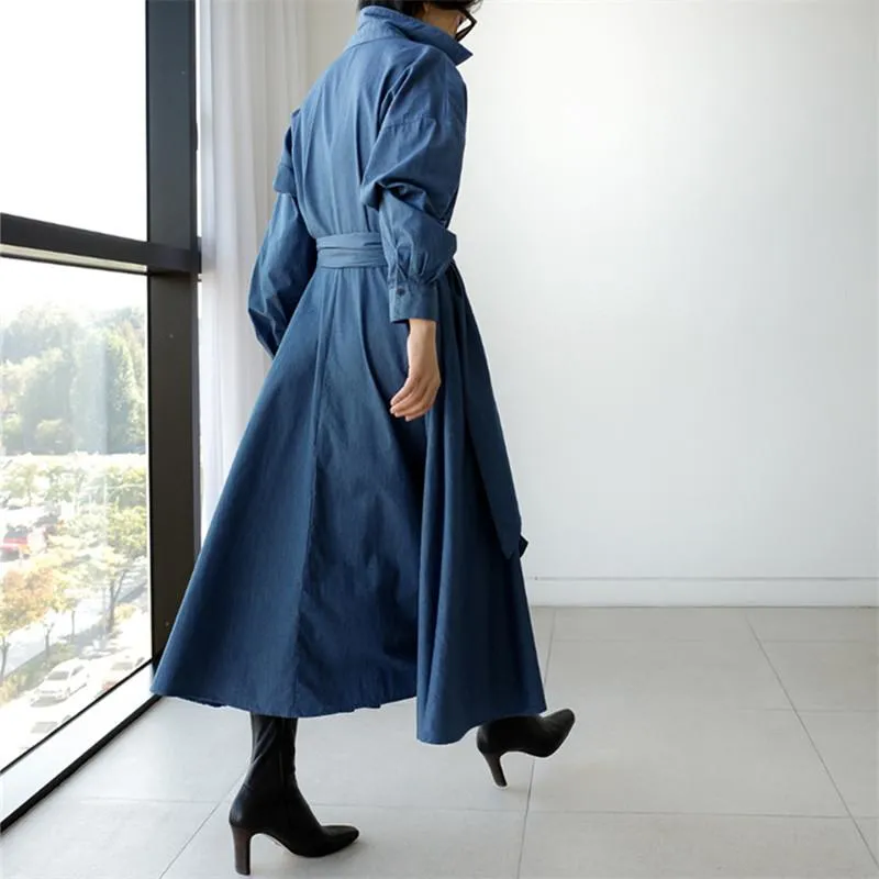 Blue Long Sleeve Loose Denim Shirts Maxi Dresses