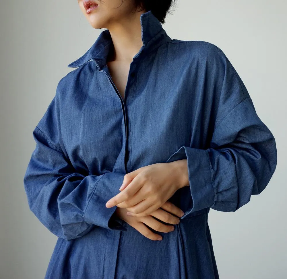 Blue Long Sleeve Loose Denim Shirts Maxi Dresses