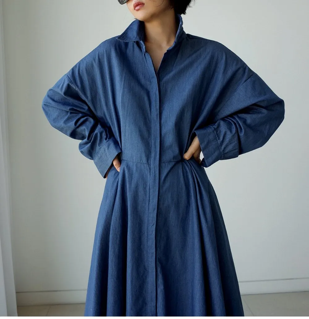 Blue Long Sleeve Loose Denim Shirts Maxi Dresses