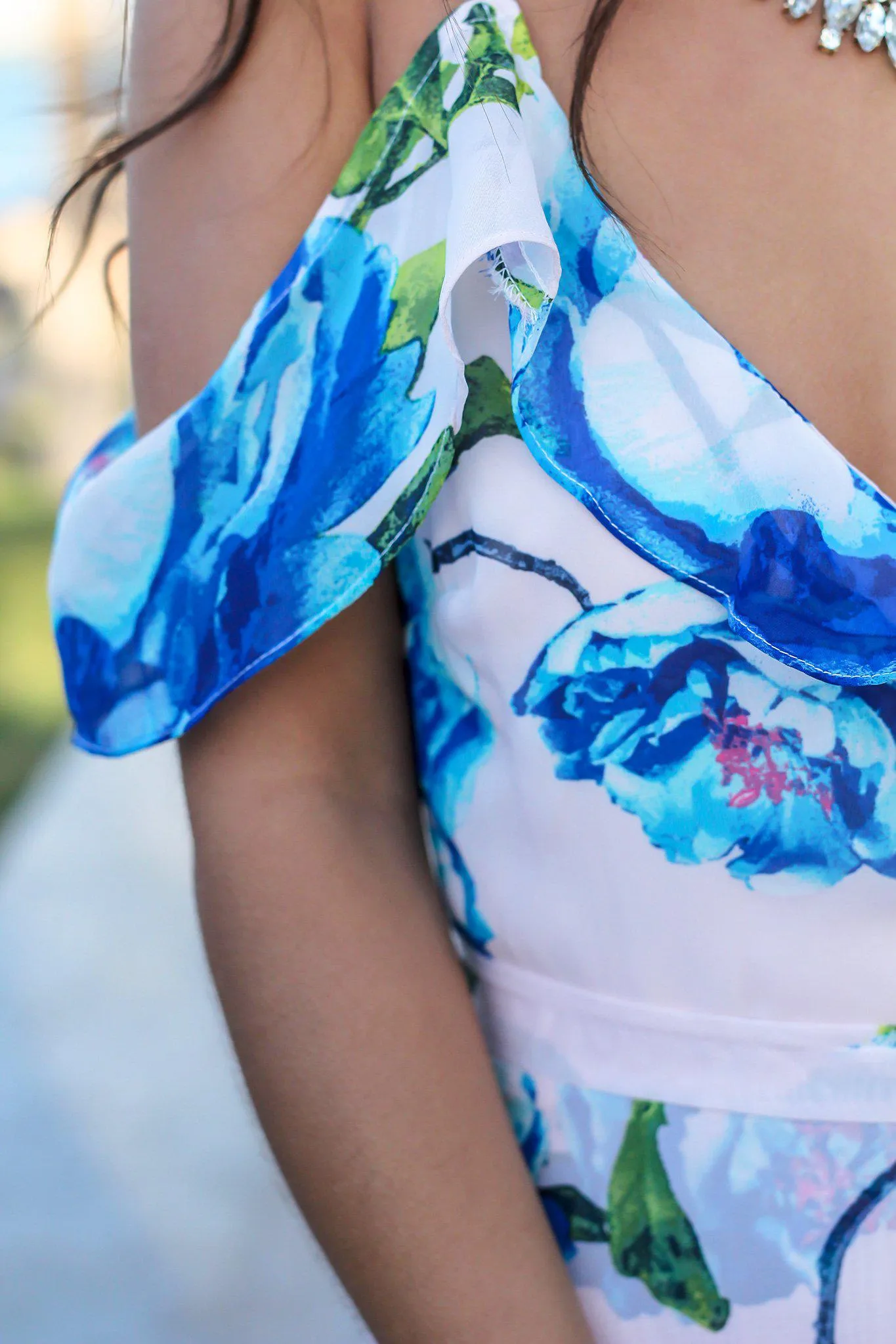 Blush and Blue Floral Off Shoulder Wrap Dress