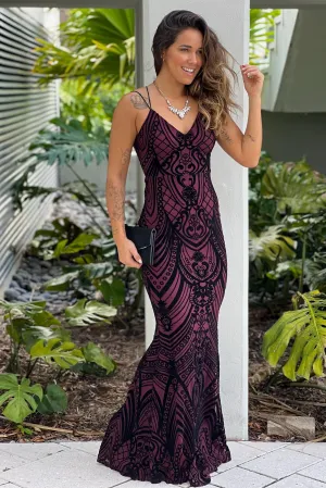 Burgundy Velvet Mermaid Maxi Dress