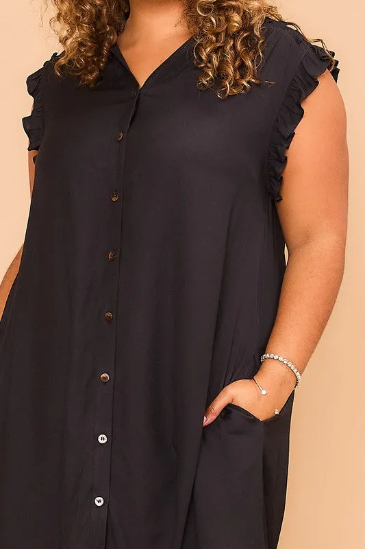 Button Down Mini Dress -  Black