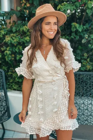 Cream Embellished Wrap Short Dress