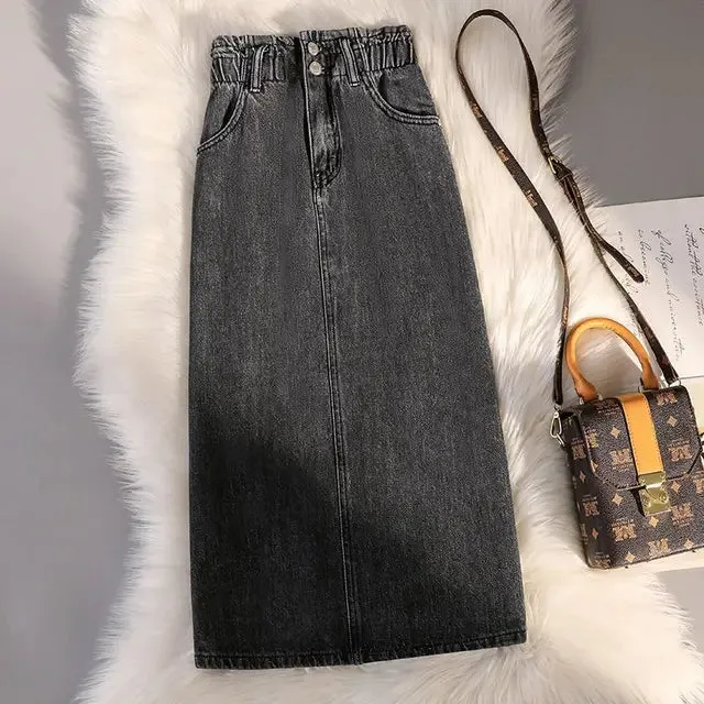 Denim Skirt Women High Waist Wrapped Hip Skirt Casual Skirt