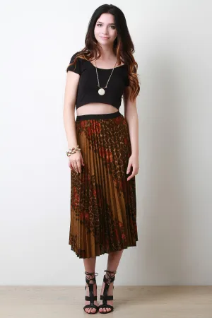 Diagonal Floral Leopard Accordion Skirt