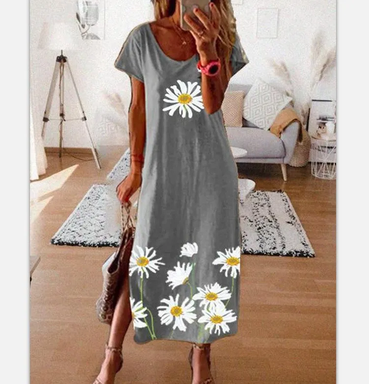 Dunnmall Women's Shift Dress Maxi long Dress - Short Sleeve Daisy Floral Clothing Print Summer Hot Casual vacation dresses Loose Black Blue Yellow Gray S M L XL XXL 3XL