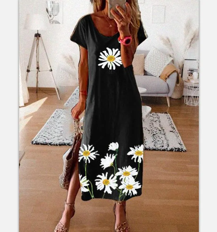 Dunnmall Women's Shift Dress Maxi long Dress - Short Sleeve Daisy Floral Clothing Print Summer Hot Casual vacation dresses Loose Black Blue Yellow Gray S M L XL XXL 3XL