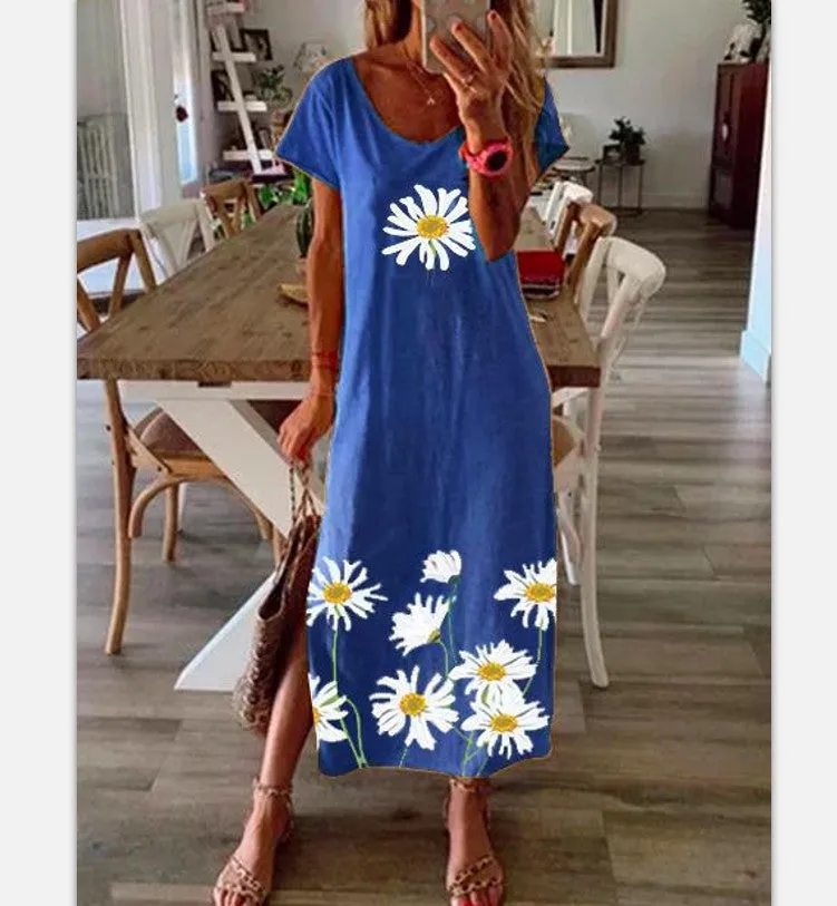 Dunnmall Women's Shift Dress Maxi long Dress - Short Sleeve Daisy Floral Clothing Print Summer Hot Casual vacation dresses Loose Black Blue Yellow Gray S M L XL XXL 3XL