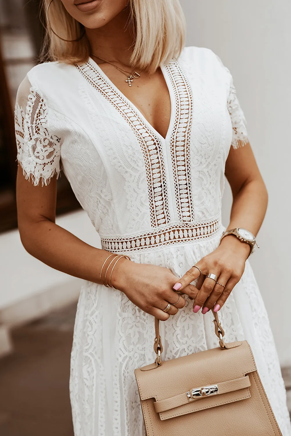 Elegant White Boho Lace Maxi Dresses