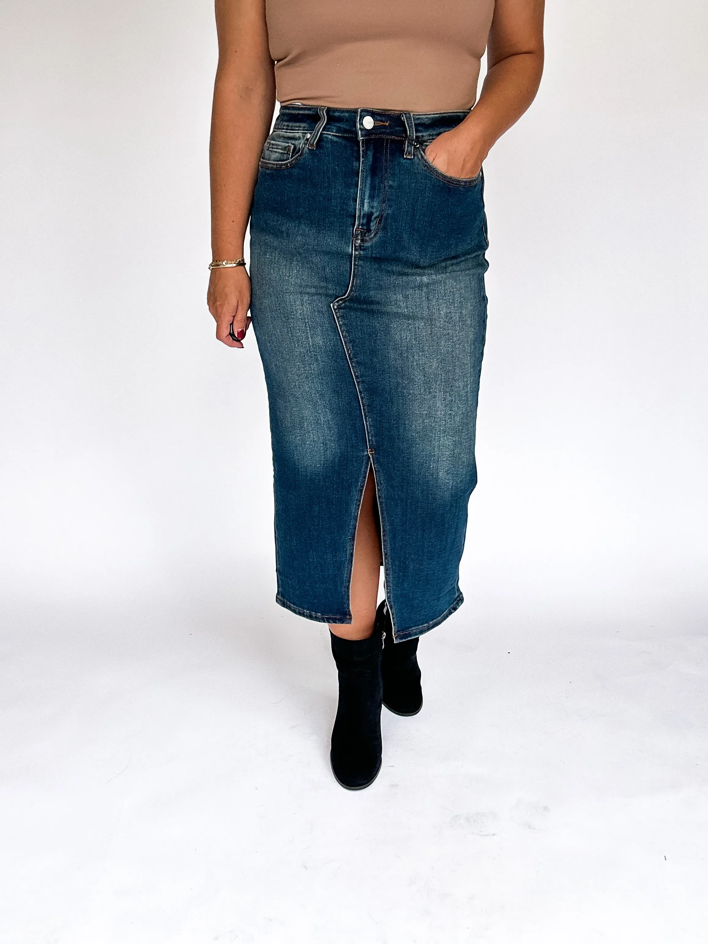 Flirty Midi Mica Denim Skirt