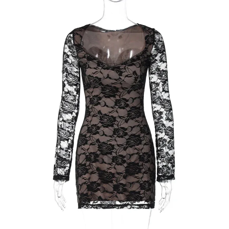 Floral Long Sleeve Mesh Patchwork Bodycon A-Line Dress for Vacation Nightclub