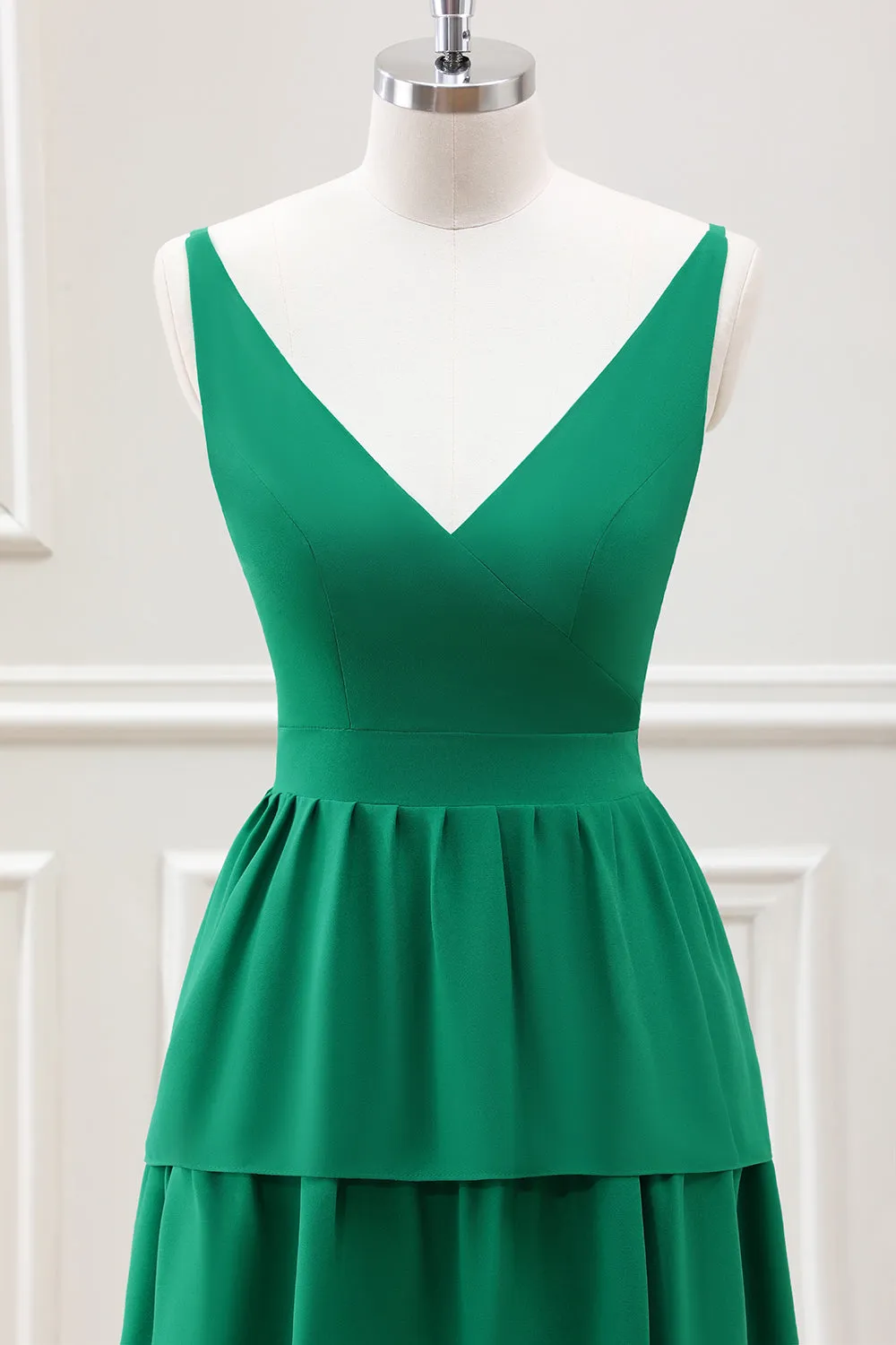 Green A-Line V-Neck Tiered Maxi Dress