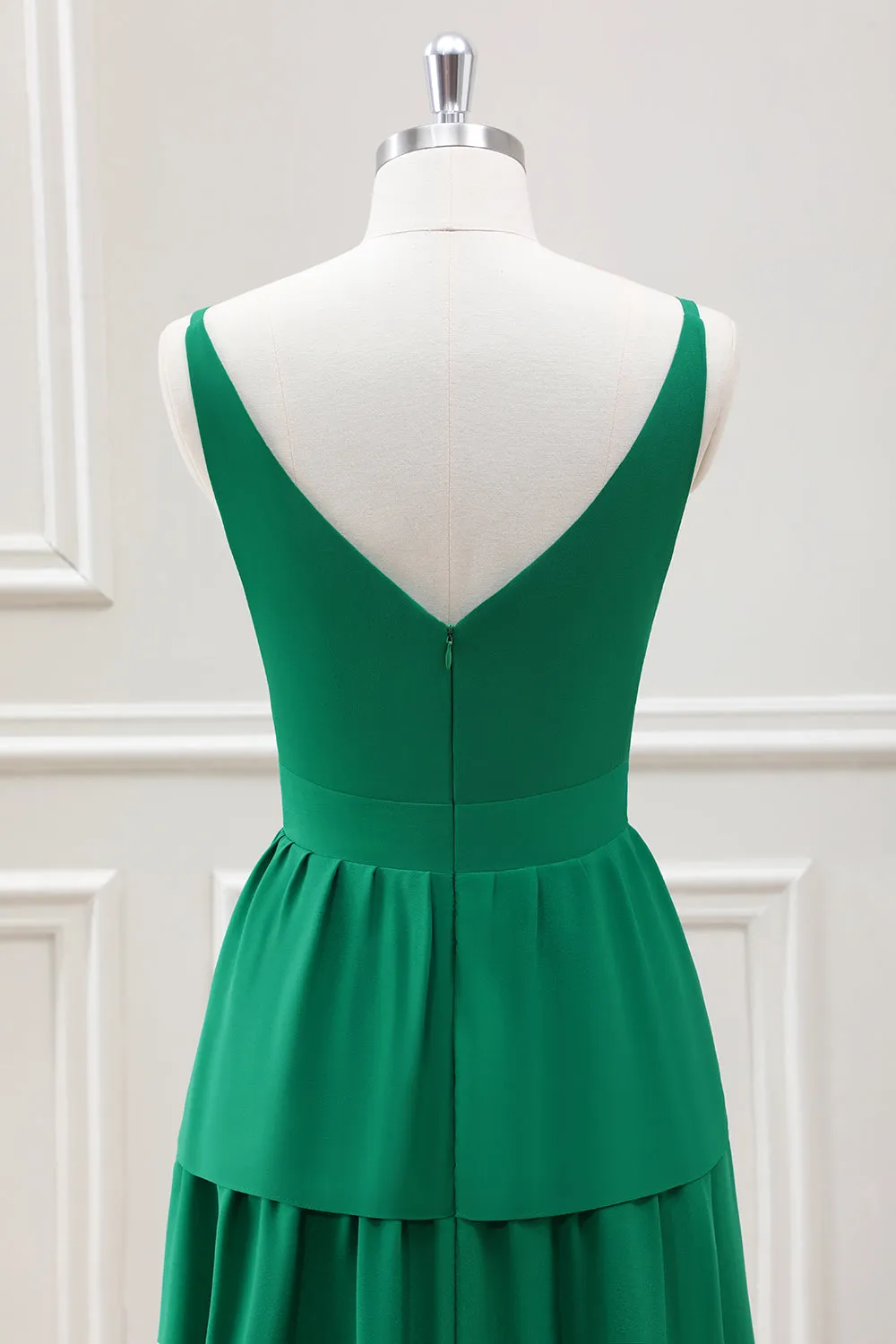 Green A-Line V-Neck Tiered Maxi Dress