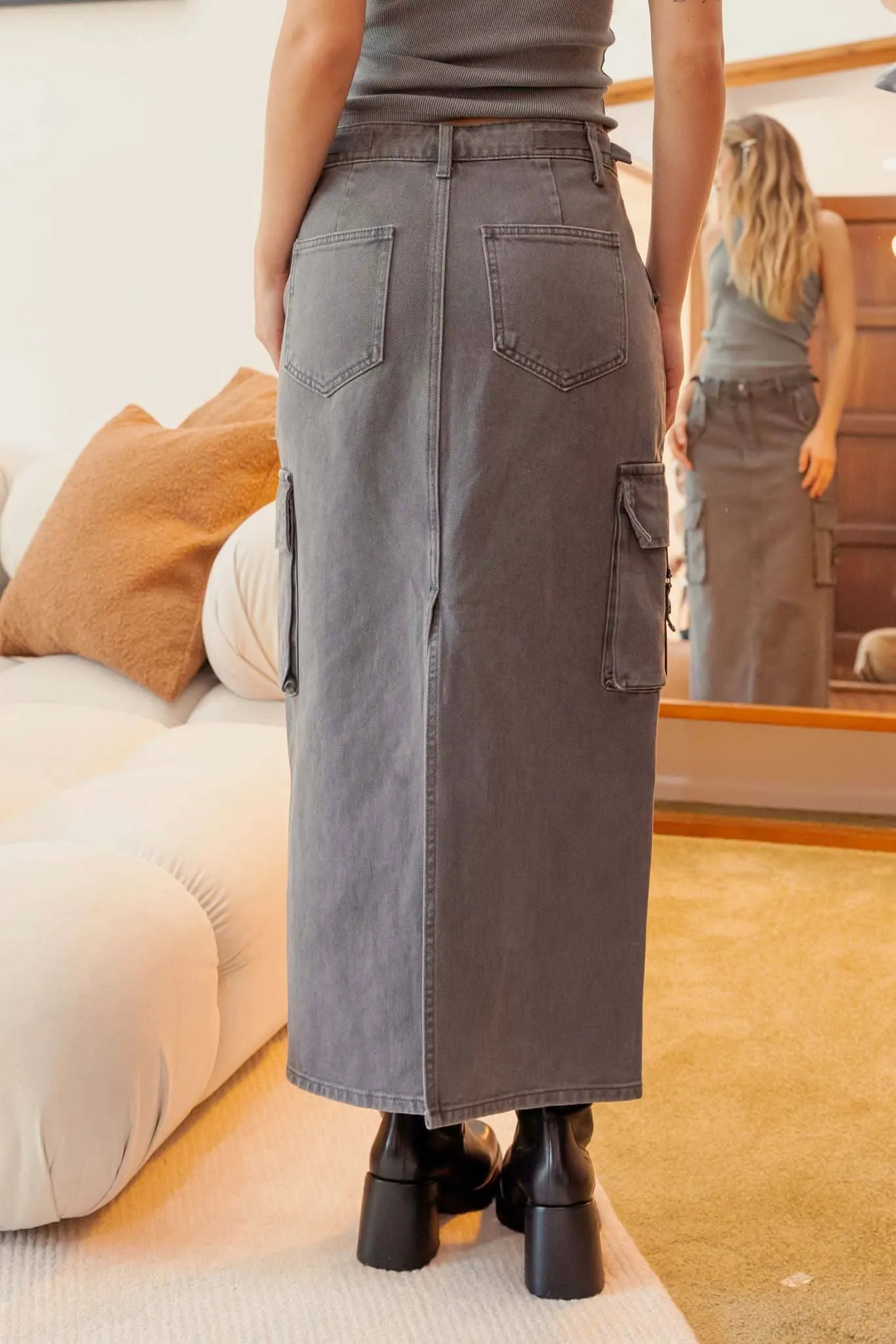 Grey Cargo Denim Back Slit Skirt