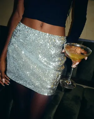 Guida Mini Skirt in Drape Sequin Silver Chrome