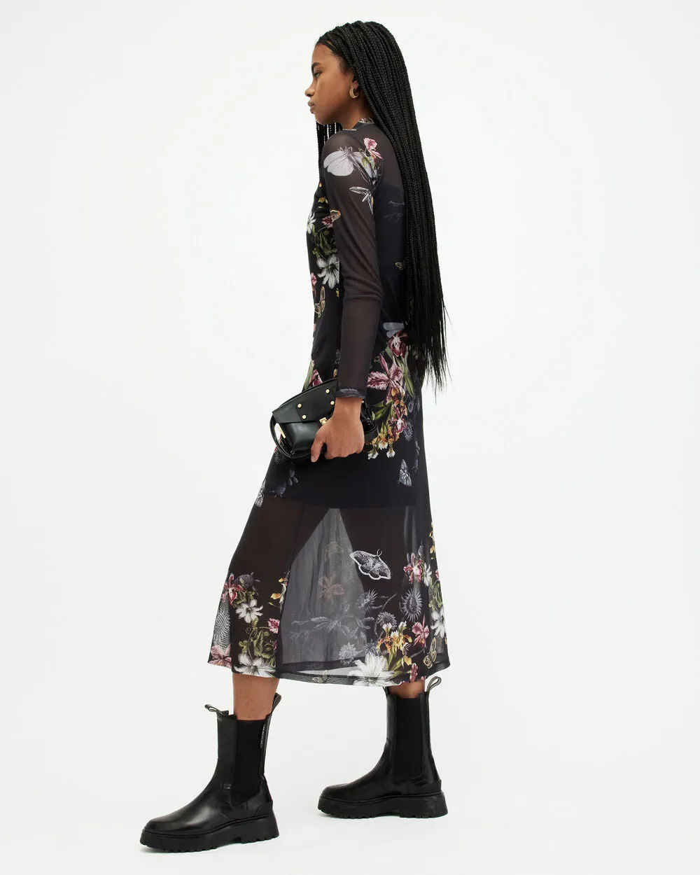 Hanna funnel neck midi dress with AllSaints print, black