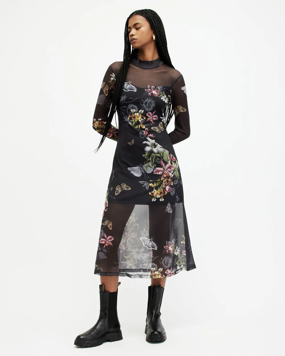 Hanna funnel neck midi dress with AllSaints print, black