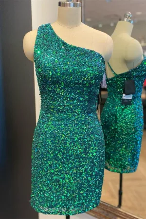 Hunter Green One Shoulder Straps Sequins Sheath Homecoming Dress