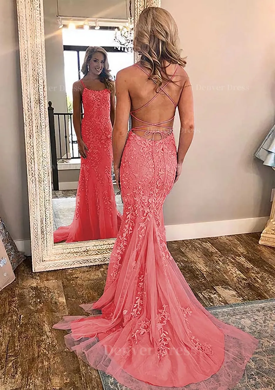 kamahe Sheath/Column Square Neckline Sleeveless Court Train Lace Prom Dress With Appliqued