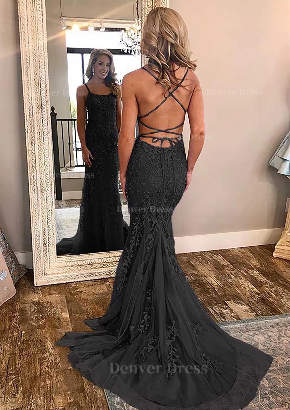 kamahe Sheath/Column Square Neckline Sleeveless Court Train Lace Prom Dress With Appliqued