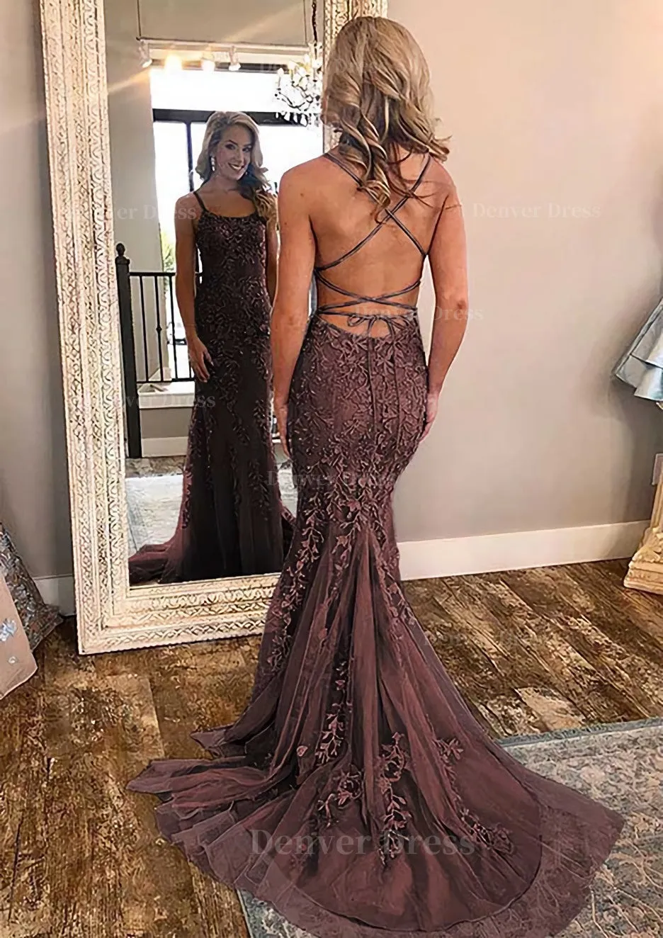 kamahe Sheath/Column Square Neckline Sleeveless Court Train Lace Prom Dress With Appliqued