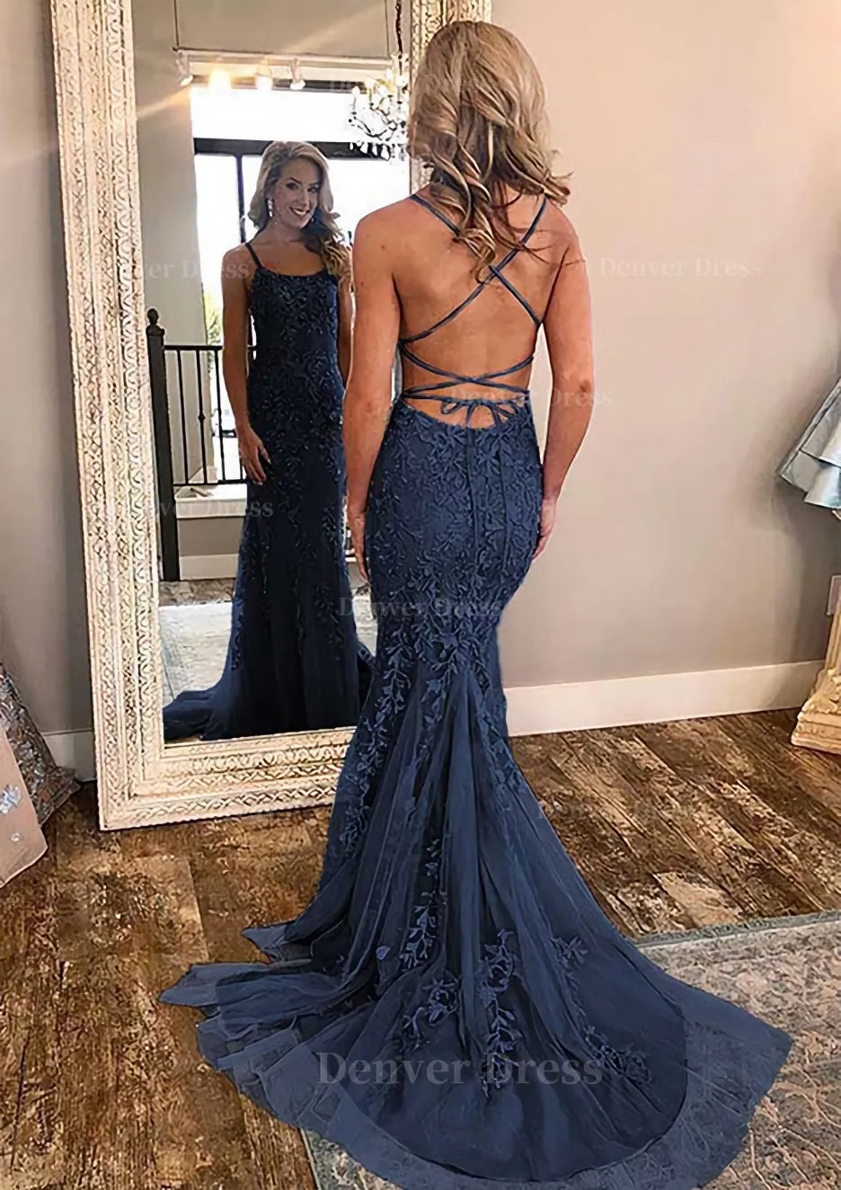 kamahe Sheath/Column Square Neckline Sleeveless Court Train Lace Prom Dress With Appliqued