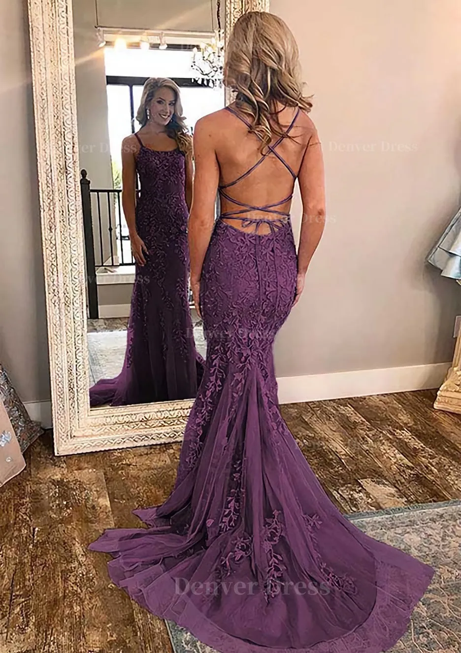 kamahe Sheath/Column Square Neckline Sleeveless Court Train Lace Prom Dress With Appliqued