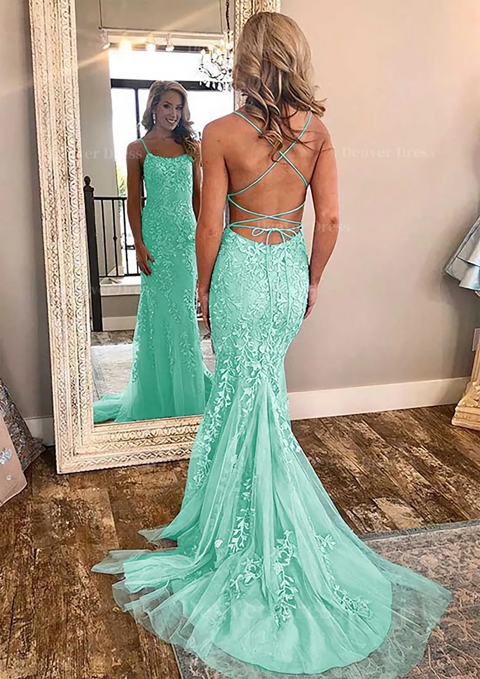 kamahe Sheath/Column Square Neckline Sleeveless Court Train Lace Prom Dress With Appliqued