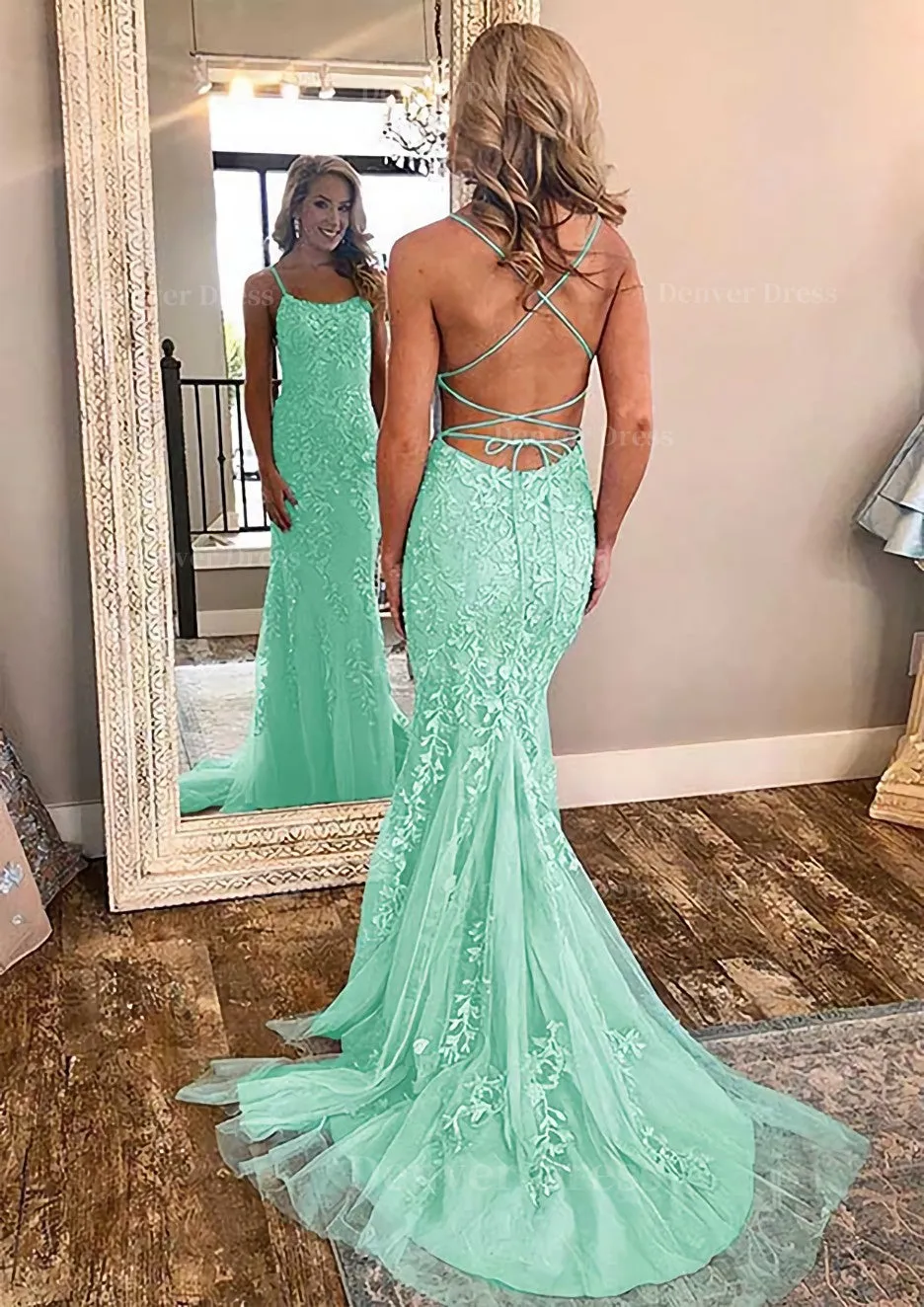 kamahe Sheath/Column Square Neckline Sleeveless Court Train Lace Prom Dress With Appliqued